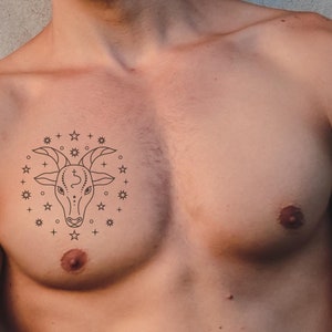 Capricorn Goat Temporary Tattoo - Astrological Goat Symbol with Celestial Stars | Chest Body Art