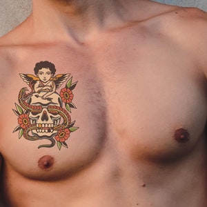 Cherub Skull and Snake Temporary Tattoo: Gothic Tattoo Art, Angel and Snake Design, Floral Gang Tattoo Style, Bold and Unique Ink