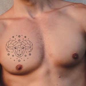 Aries Temporary Tattoo, Zodiac Sign, Mystical Ram, Vegetable Ink, Constellation, Astrology, Celestial Symbol I Aries sign fake tattoos