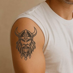 Viking Warrior Head Temporary Tattoo – Norse Mythology Design | AI Tattoo Generator Art | Bold Nordic Style, Save up to 60% on Multiples!