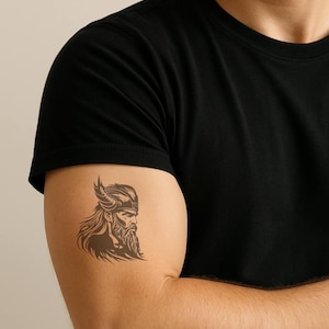 Bold Viking Warrior Tattoo – Norse Myth Style, Non-Permanent, Waterproof Ink | Buy More, Save Up to 60% – Limited Deal!