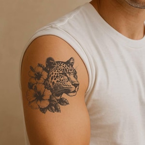 Leopard and Hibiscus Flower Temporary Tattoo – Bold Wild Cat & Floral Body Art – Premium Plant-Based Ink – Easy Application – 4–5 Days