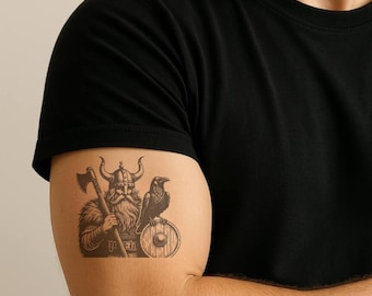 Temporäres Wikinger-Krieger-Tattoo: Nordische Axt, Rabe, Schild – Umweltfreundlich