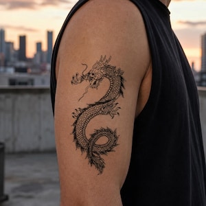 Puede incluir: Un diseño de tatuaje temporal en tinta negra que presenta un dragón detallado y sinuoso con escamas, bigotes fluidos y garras afiladas. El dragón se muestra de perfil, curvando su largo cuerpo serpentino en forma de círculo sobre la piel.