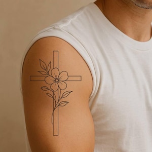 Cross & Flower Temporary Tattoo – Elegant Christian Symbol | AI Tattoo Generator Design |  Easy Application, Big Savings on Multiples!
