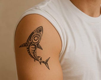 Tribal Shark Temporary Tattoo: Plant-Based Ink, Long-Lasting