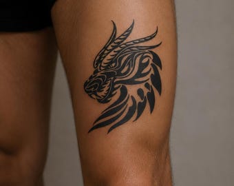 Dragon Tribal Tattoo, Tribal Dragon Tattoo, Blackwork Dragon Flash, Japanese Dragon Inspired Tattoo, Bold Dragon Art
