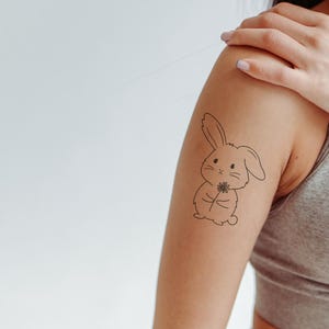 Bunny with Flower Temporary Tattoo – Cute Whimsical Design, Skin-Safe & Waterproof, Lasts 4–5 Days, Easy to Apply I Softness, Joy and Whimsy