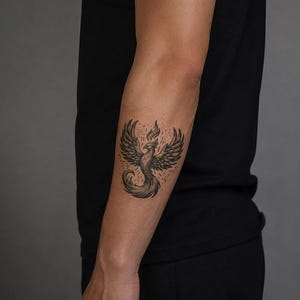 May include: A black ink tattoo on the forearm featuring a stylized phoenix with spread wings, a long curved tail, and flames rising from its head, surrounded by small radiating dash marks that create a textured effect on the skin.