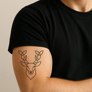 Geometric Deer Tattoo – Minimal Fine Line Forest Animal Ink, Temporary Tattoo for Nature Lovers | Stag Head Minimalist Design