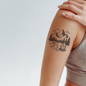 Minimalist Campfire Mountain Temporary Tattoo – Nature-Inspired Design with Forest, River & Fire | Waterproof, Skin-Safe