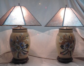 PAIR of Gorgeous Late 1800's Hand Painted Porcelain Lamps with NYM Arts Mica Shades for your Antique Vintage Environment