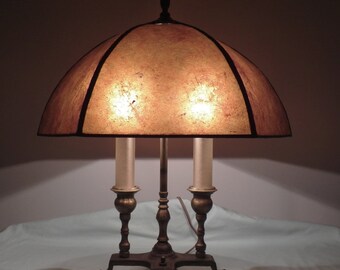 Antique Vintage Bronze 2 Light Lamp with NYM Arts Bent Hex Mica Shade in Light Amber