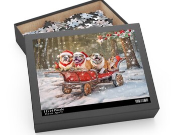 Englische Bulldoggen Weihnachtswagen Puzzle