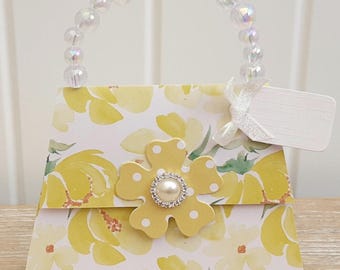 Personalised 3D Birthday Handbag Purse shaped card: Yellow, floral, polka dot