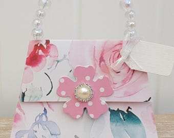 Personalised 3D Rose Floral Birthday Handbag Purse shaped card- mum, daughter, sister