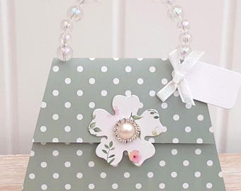 Handmade 3D Handbag Card: Green Polka Dot, Floral, personalised birthday