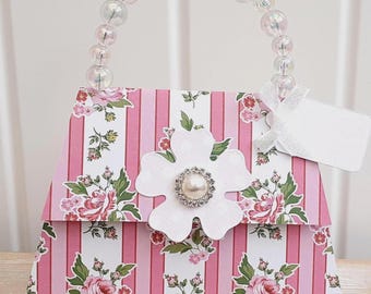 Personalised 3D Birthday Handbag Purse shaped card - pink floral stripe design