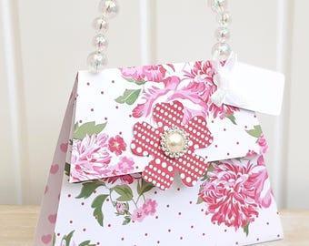 Personalised Birthday card: 3D Handbag Purse shaped pop up - floral hearts
