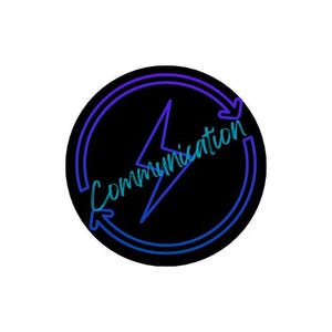 May include: A black circle with a blue and purple outline. Inside the circle is a lightning bolt with the word "Communication" written around it.