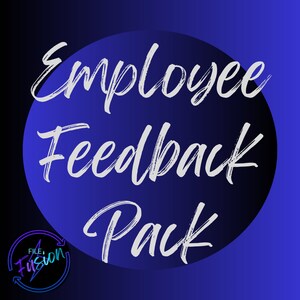 Può includere: Un cerchio blu con un gradiente bianco su uno sfondo blu. Il testo "Employee Feedback Pack" è scritto in bianco in corsivo.