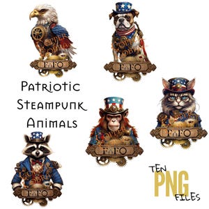 Patriotic Steampunk Animal Clipart: PNG Digital Download for Sublimation