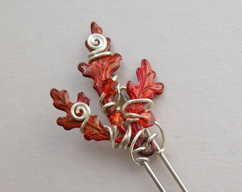 Red Oak Leaves Hair Pin, Shawl Pin, Scarf Pin -- Silver Wire, Bright Red Leaves, Wire Spirals, Swarovski Crystal, Gothic Scarlet