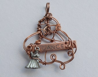 DANCE Hand-Stamped Copper Pendant -- Wire-Wrapped Antiqued Copper Sculpted Wire, Stamped Copper Metal, Freeform Wire, Pewter Couple Dancing