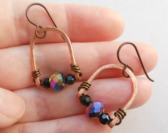 Rainbow and Black Faceted Beads in Hammered Copper Archways -- Hammered Copper Arch Window Earrings, Niobium Ear Wires, Wire Wrapped