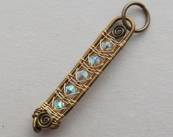 White Crystal Bar Pendant, Vertical Drop Pendant with Wire Weaving, Golden and Antiqued Brass, AB Rainbow Swarovski Crystal Beads