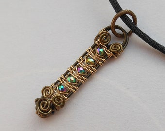 Woven Wire Bar Pendant, Faceted Rainbow Glass Beads, Reversible, Golden and Antiqued Brass Wire Wrapped Necklace, Beaded Weaving Pattern