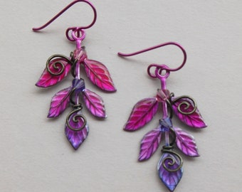 Pink Fairy Leaves Earrings -- Pink, Lavender Leaf Sprig Earrings, Dark Silver Wire, Swarovski Crystals, Hand Colored Brass, Pink Niobium