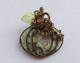 Green Autumn Pumpkin Wirework Pendant, Wire Wrapped and Woven, Yellow Green Glass Leaf, Antique Brass Wire Swirls and Spirals, Fall Harvest