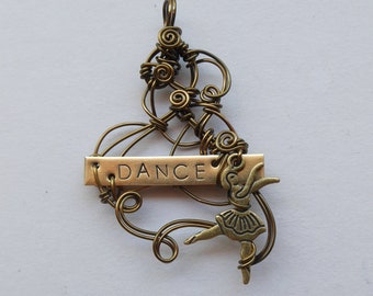 DANCE Hand-Stamped Brass Pendant -- Wire-Wrapped Antiqued Brass Sculpted Wire, Stamped Yellow Brass Metal, Freeform Wire, Dancer Charm