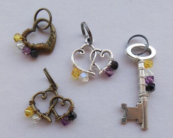 Nonbinary Pride Pendant -- Key, Double Hearts, Heart with LOVE Script, Enby Pride Flag Colors, Swarovski Crystals, LGBT+, Nonbinary Gender