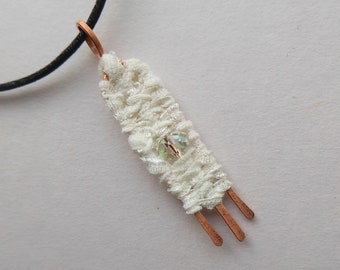 Woven White Fiber on Hammered Copper Pendant -- Faceted Clear Crystal, Unusual Mixed Media Jewelry, Wire Wrapped, Handmade Copper Bail