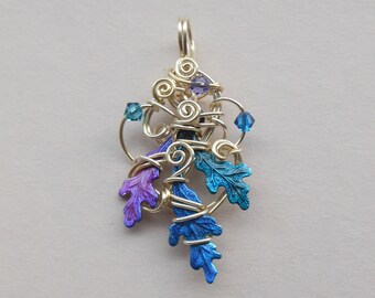 Fairy Oak Leaves Pendant -- Silver Wire, Purple, Blue, Teal Oak Leaves, Swarovski Crystals -- Enchanted Oak Leaves -- Hand colored brass