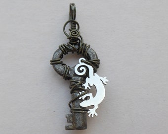 Silver Lizard Miniature Key Pendant -- Small Wire Wrapped Key, Climbing Lizard, Antique Key Pendant, Salamander