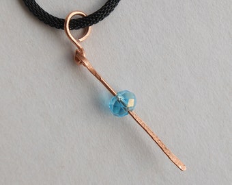 Turquoise Faceted Glass Bead on Hammered Copper Pendant -- Handmade Copper Bail, Copper Paddle, Copper Stick Necklace, Simple Copper Jewelry