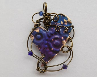 Purple Steampunk Heart Pendant -- Gear-Patterned Blue, Purple Heart, Golden Flecks, Antique Brass Wire, Swarovski Crystals -- Hand Colored