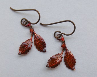 Tiny Red Beech Leaves Earrings -- Small Red Double Beech Sprig Earrings, Brown Niobium Ear Wires, Swarovski Crystal, Delicate Leaf Earrings