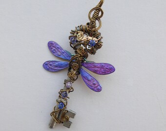 Clockwork Dragonfly Key Pendant -- Purple Dragonfly Winged Key with Gears and Crystals (A Key to Time)