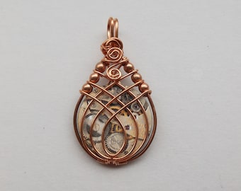 Heavy Copper Criss-Cross Wire Pendant, Watch Movement Printed on Wood, Steampunk Wire Wrap, Copper Beads, Fidget Jewelry