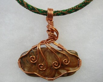 Green/brown braided silk kumihimo necklace, copper wire wrapped stone pendant