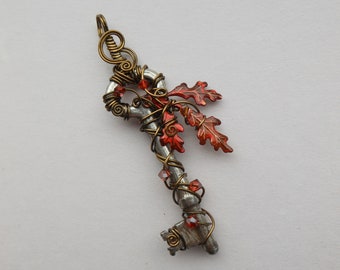 Autumn Oak Leaves Wire Wrapped Key Pendant -- Fire Red-Orange Leaves, Antique Brass Wire, Antique Key, Swarovski Crystals