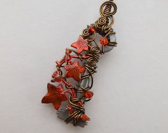 Small Flame Ivy Vine Wire Wrapped Key Pendant -- Red-Orange Ivy Leaves, Swarovski Crystals, Antique Brass Wire, Red Autumn Ivy Vine Key