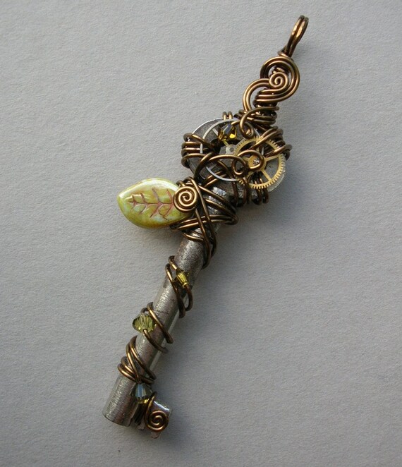 Items similar to Olive Green Leaf Clockwork Key (A Key to Time) on Etsy