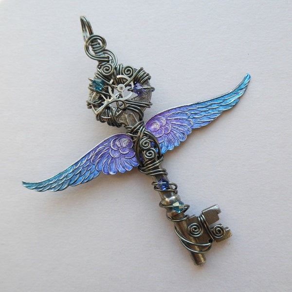 Winged Clockwork Key Pendant -- Steampunk Blue-Purple Inked Large Feathered Winged Key with Silver Gears, Swarovski Crystals (A Key to Time)