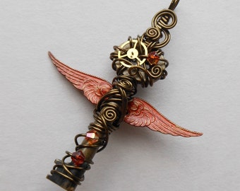 Small Red Winged Key Pendant -- Steampunk Brass Gear Feathered Winged Key, Crystals, Wire Wrapped (A Key to Time) - by Silver Owl Creations