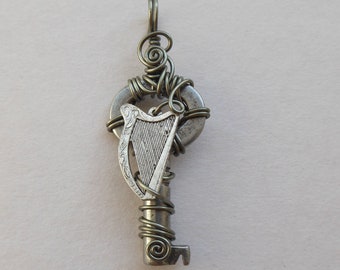 Silver Harp Miniature Key Pendant -- Small Key, Antique Silver Harp, Wire Wrapped Antique Key Pendant, Music Lovers Necklace, Delicate Key